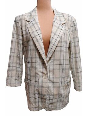 Vintage Plaid Blazer Size 14 Linen Cotton USA Union Made Jacket Classic Fit Chic